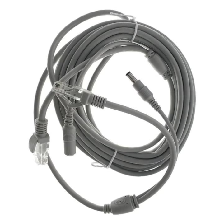 Cablu de Extensie Retea Internet Stef's Cat si Alimentare, Conectori 2 X Rj45 si 2 X 2.1x5.5mm, 20m, Gri