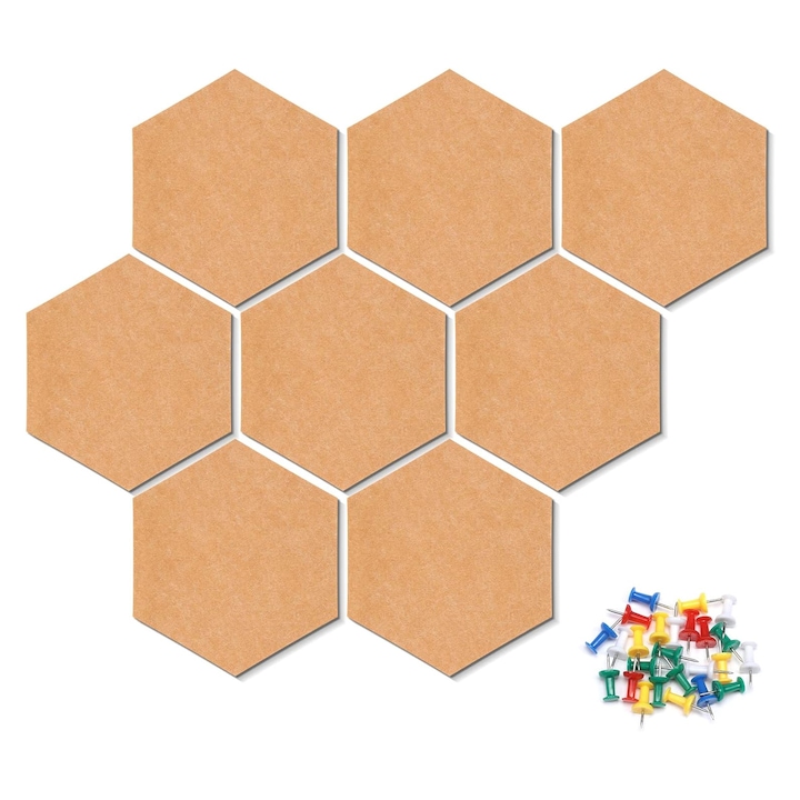 Шестоъгълни коркови табла за обяви със самозалепващи се, Axroad Mall, Комплект 8 бр., С 30 карфици, Самозалепващи се, Декор за стена, Персонализиран креативен дизайн за офис, детска стая, кухня, 17.5*20.5*0.6 см, Кафяв