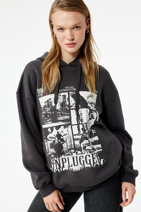 KOTON, Hanorac cu imprimeu si maneci cazute, Alb/Gri antracit, XS