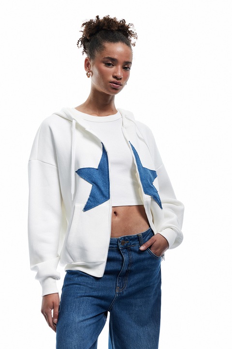 KOTON, Hanorac lejer cu fermoar si buzunare oblice, Alb fildes/Albastru prafuit