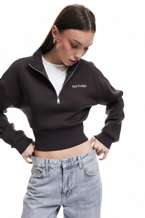 KOTON, Bluza de trening crop cu fenta cu fermoar, Maro inchis, XL