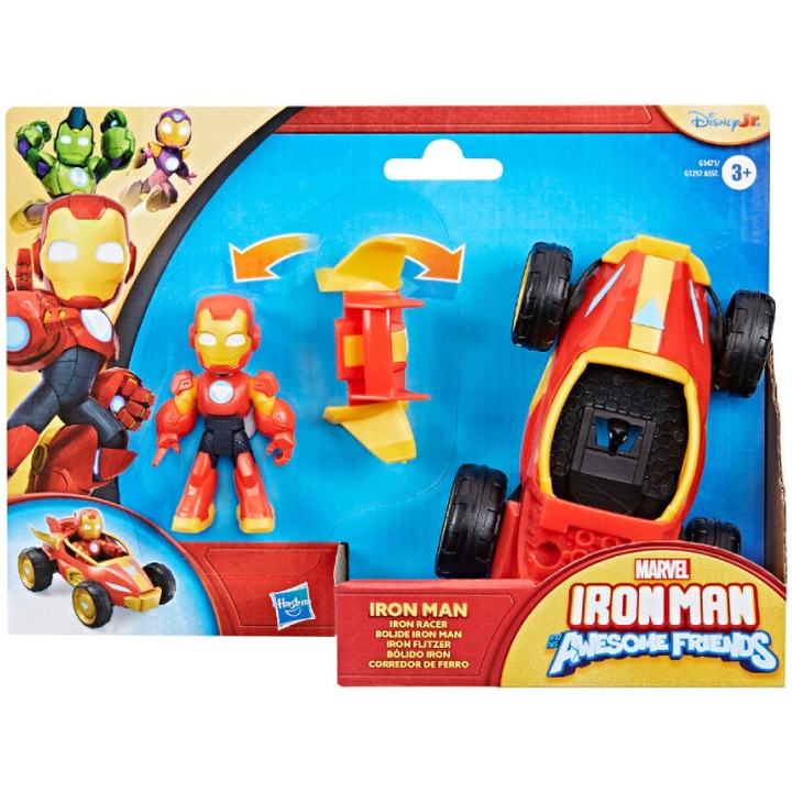 Masinuta Hasbro Iron Man si Prietenii Sai Minunati, set cu vehicul si figurina, multicolor, 19x26x7cm