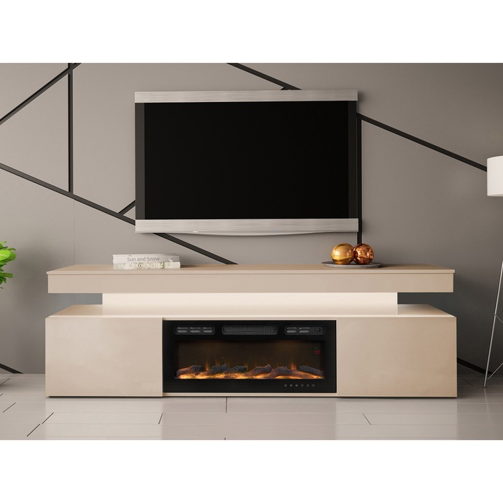 Comoda TV 2D cu semineu Lestirola Bis LED, MIRJAN 24, nisip de desert, 190x59x59 cm