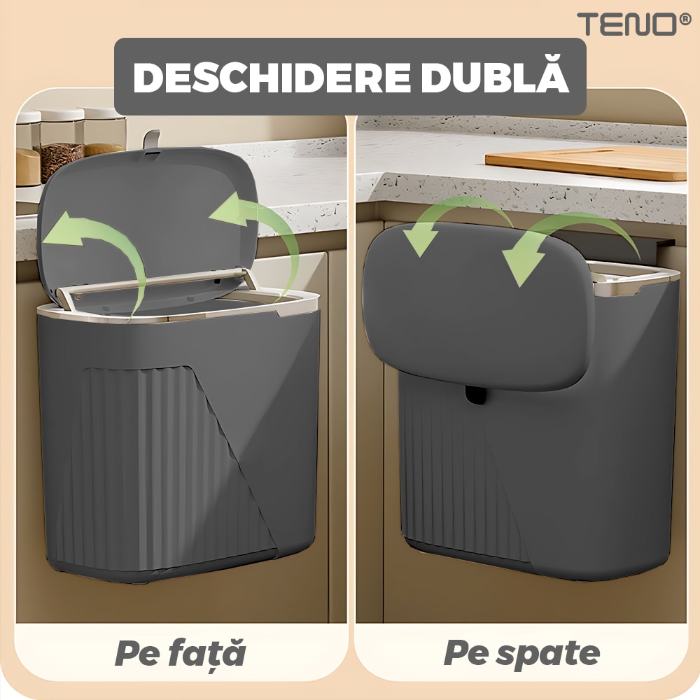 Cos de Gunoi Suspendat Teno, design modern, capac retractabil, gri, 9 L