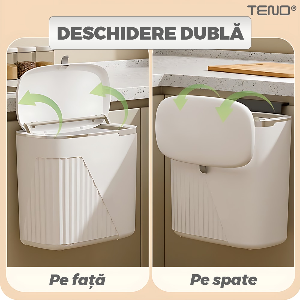 Cos de gunoi suspendat Teno, aplicabil pe perete sau pe mobila, design modern, 9 L, alb