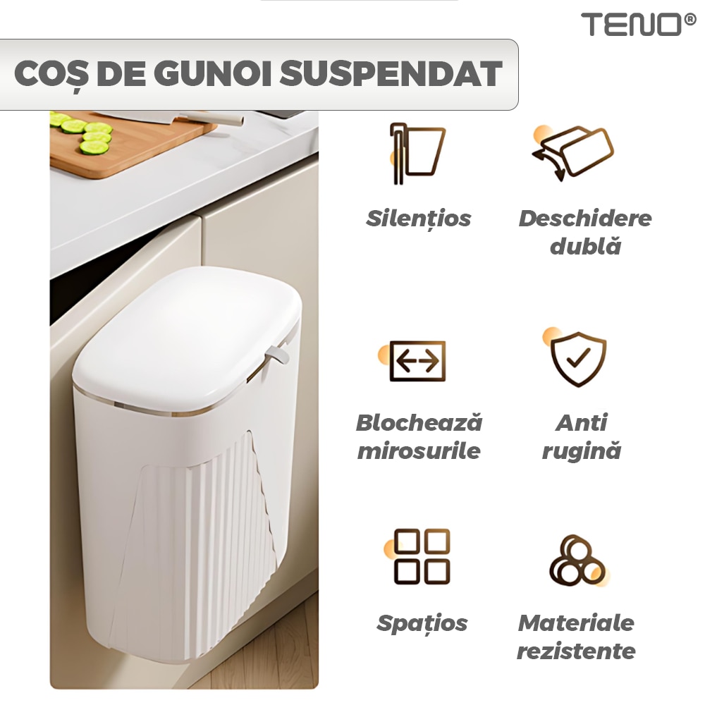 Cos de gunoi suspendat Teno, aplicabil pe perete sau pe mobila, design modern, 9 L, alb