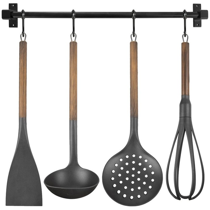 Konyhai Eszköztartó Készlet, 5 Darab Tartalmazza, Orion, 50,5x1,5 cm, Alumínium Anyag, Eszköz Anyaga Termoplasztikus Pbt, Fém Fogantyúk Fa Bevonattal, Fekete