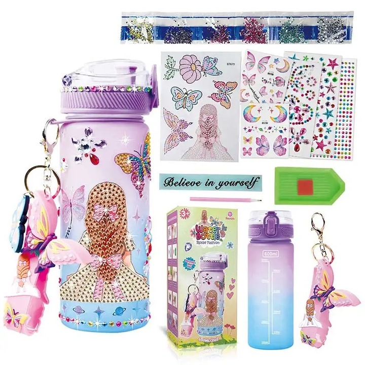 Детска бутилка за вода Ludiro 600 мл за декорация с диаманти и стикери, ежедневно творчество