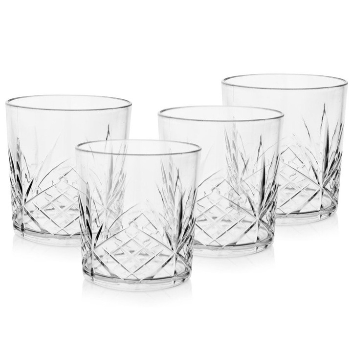 Set 4 Cani Din Plastic, Orion, Charisma, 9x9 cm, 350 ml, Acrilice, Rezistente La Temperaturi Ridicate Pana La Max 60°C, Usor De Curatat Si Utilizat, Material Usor, Ideal Pentru Picnicuri, Transparent