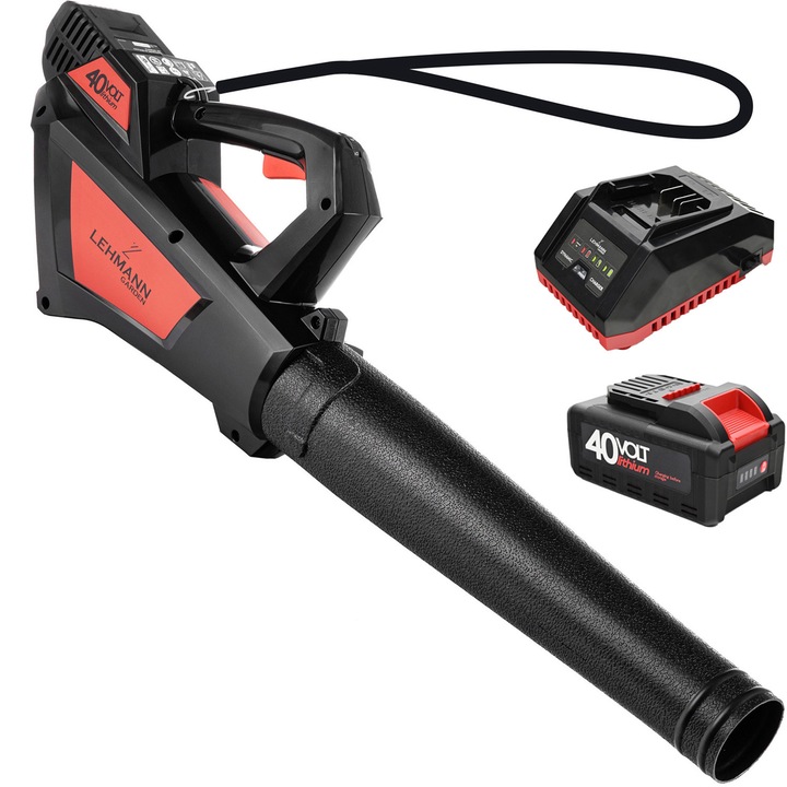 Suflanta pentru frunze pe acumulator Lehmann LGALB-4020, 40V, 170 km/h viteza flux aer, 492 m³/h debit aer, 24000 rpm, Include incarcator si acumulator, 81 x 24, 5 x 13, 5, 1.75 kg, negru/rosu