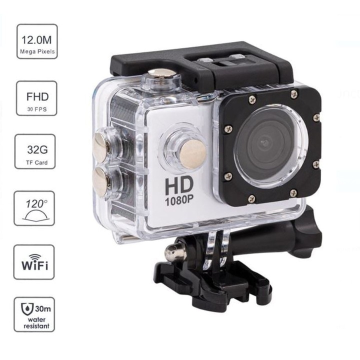 HD 1080P спортна екшън камера, WiFi, 2" екран, 12MP, водоустойчивост 30 м, ъгъл 140°, с каска и аксесоари за велосипед