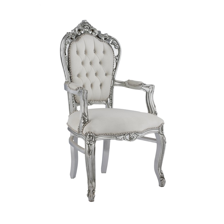 Barokk karosszék, tömörfa, ITALUX – MORE LIGHT, bársony kárpit, magassága 108 cm, ezüst