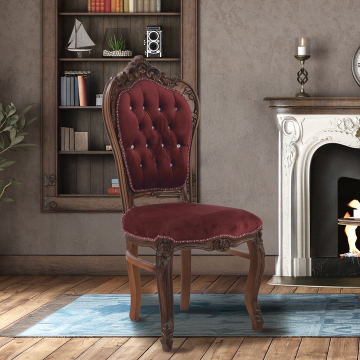 Scaun din lemn masiv ITALUX, stil baroc, tapitat cu catifea, inaltime 108cm, latime 46cm, adancime 63cm