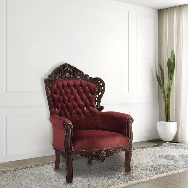 Fotoliu baroc din lemn masiv, ITALUX, tapitat cu catifea, inaltime 116cm