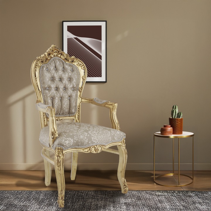 Scaun de sufragerie in stil baroc, cu cadru din lemn masiv, tapitat cu catifea. Fabricat din lemn masiv, este finisat si decorat manual. Dimensiuni: 108*63*58 cm