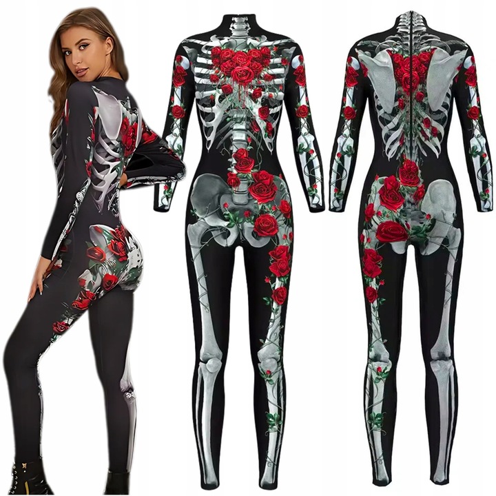 Costum Schelet Cu Trandafiri, Korbi, M, 47x41x40x58x78 cm, Imprimare Spectaculoasa Cu Schelet Decorat Cu Trandafiri Rosii, Material Elastic, Fermoar Pe Spate Pentru O Imbracare Usoara, Material Usor Si Respirabil, Negru/Multicolor