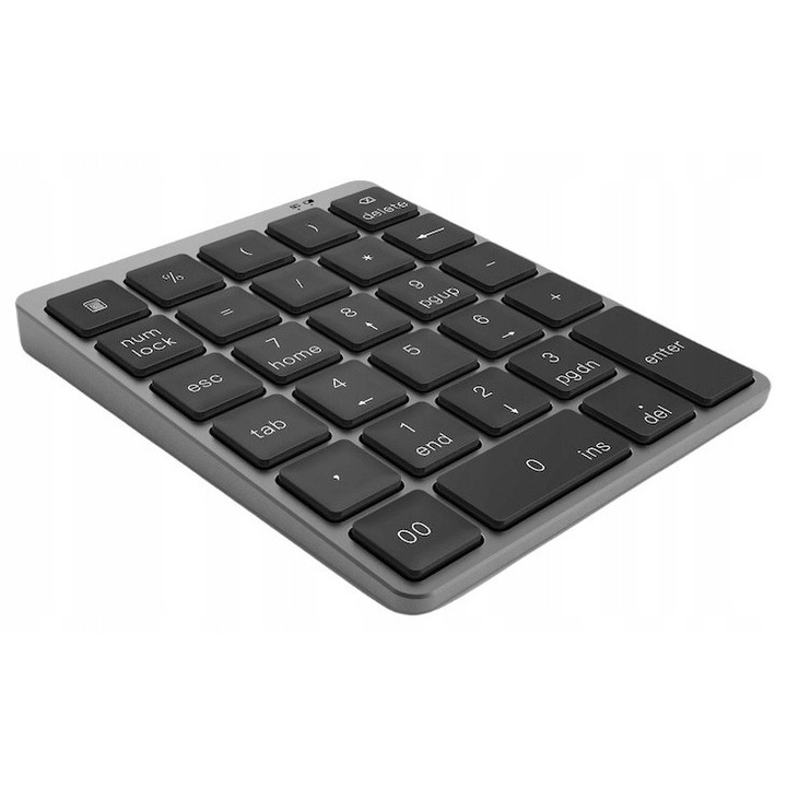 Vezeték nélküli numerikus billentyűzet, Bluetooth, 28 billentyű, mini, kompatibilis iOS, Android, Windows rendszerekkel, fekete, a készlet tartalma: 1 x numerikus billentyűzet, 1 x töltőkábel, alumíniumötvözet + ABS, tartós, kompakt, könnyen hordozható