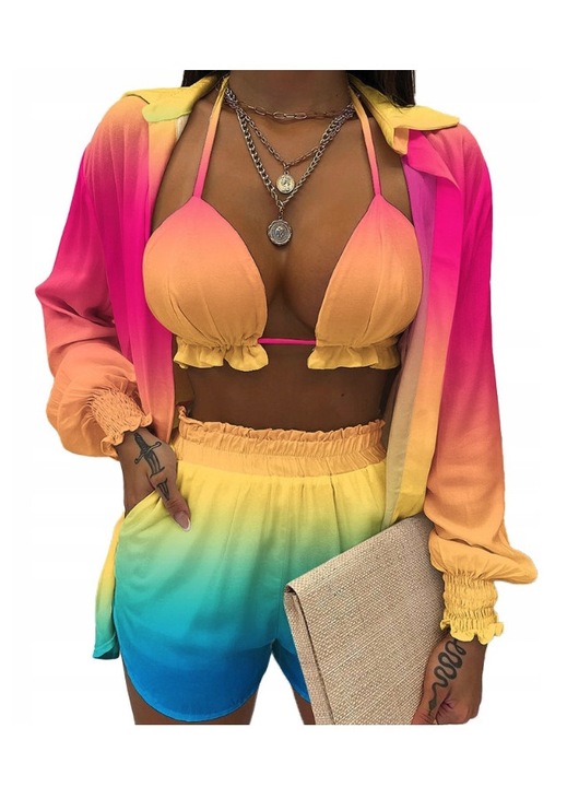 Costum de plaja 3 piese, SK-184, S, Multicolor, Pantaloni scurti, Tricou, Sutien bikini, Culoare curcubeu, Ombre, 82% poliester, 18% spandex, Cupa A/B, Bust 81-86 cm, Talie 100 cm