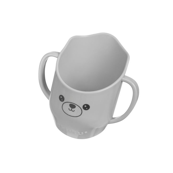 Cana antrenament cu manere pentru copii Akuku BabyMug Grey Bear, capacitate 150ml, materiale sigure fara BPA, margine tesita ce permite bautul fara a inclina capul pe spate, comptibil masina de vase