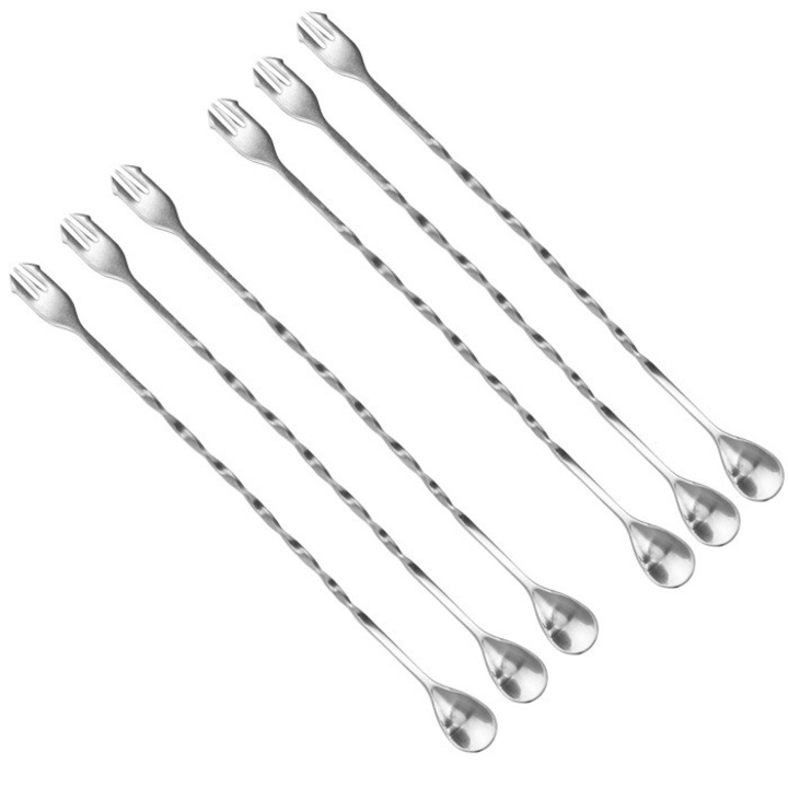 Set 6 linguri cocktail, bar, cu furculita RAKI inox 25cm