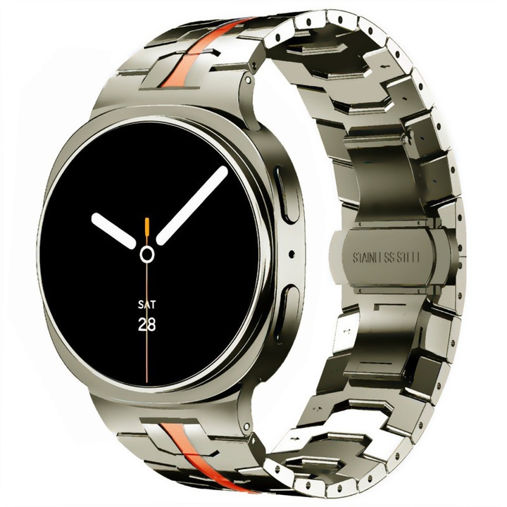 Luxus fém szíj Samsung Galaxy Watch 8-hoz, HUANLONG, rozsdamentes acél, titán, narancssárga, 40/44mm