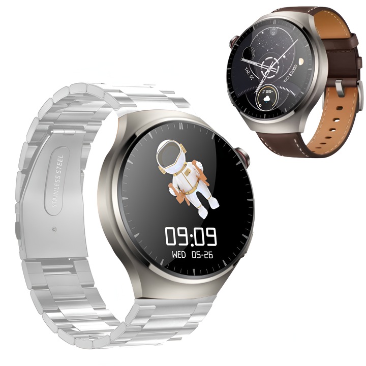 Smartwatch WT 4 PRO, Monitorizare Sanatate Precisa, Apeluri Vocale, Compatibil Android iOS, Baterie 300-400mAh, Curea Piele si Metal, 46 mm, ONSG®, Gri si Alb
