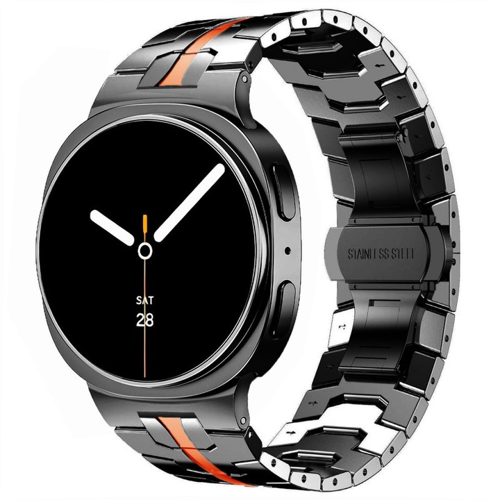 Luxus fém szíj Samsung Galaxy Watch 8-hoz, HUANLONG, fekete/narancssárga, 40/44mm, 46mm