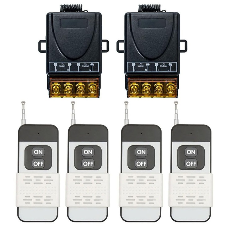 Vezeték nélküli RF 433MHz kapcsoló, Általános, 2 vevő, 4 távirányító, 40A, fehér, univerzális
