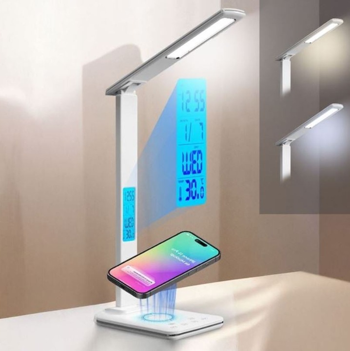 Lampa de Birou LED cu Incarcare Wireless Telefon, Ceas, Calendar si Termometru, 36 LED-uri, 3 Culori Lumina, Reglare Luminozitate, Alb