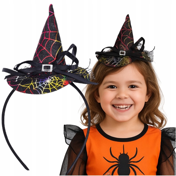 Banda Pentru Cap, Korbi, Palarie De Vrajitoare, 21x12 cm, Imprimare Colorata Cu Panza De Paianjen, Fundita Decorativa, Marime Elastica, Usoara Si Confortabila, Neagra