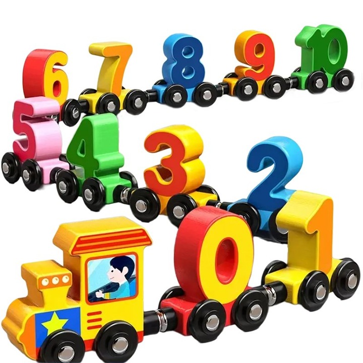 Set trenulet de jucarie din lemn, ZOUN, numere 0-10, magnetic, multicolor, 2+ ani