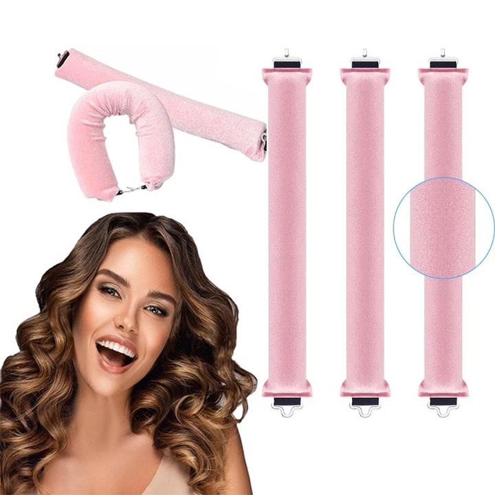 Satin fara caldura curler set de 3 bucati, ZOUN， Fara a deteriora parul, pentru a crea curls naturale, potrivite pentru parul lung si umflat, flanele, usor de utilizat, roz