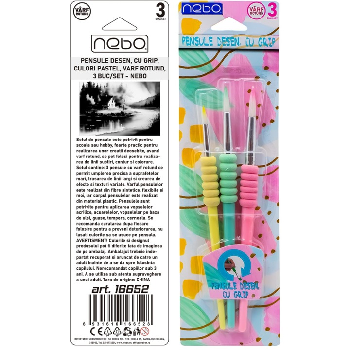Set de pensule de pictura NEBO, 3 bucati, culori pastelate