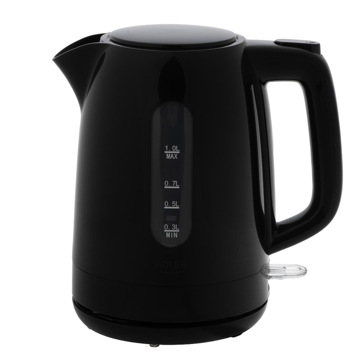 Adler AD 1380B elektromos vízforraló, 1,0 L, 2200 W, rozsdamentes acél, fekete, 360°-ban forgatható