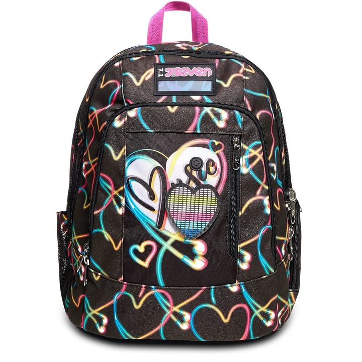Rucsac Seven Backpack Advanced, Rucsac Pentru Scoala, Universitate Si Timp Liber, Ghiozdan Scolar Spatios Pentru Adolescenti, Fete, Baieti, Geanta Captusita, Roz, Negru, Cu Compartiment Pentru Laptop Si Compartiment Pentru Sticla De Apa