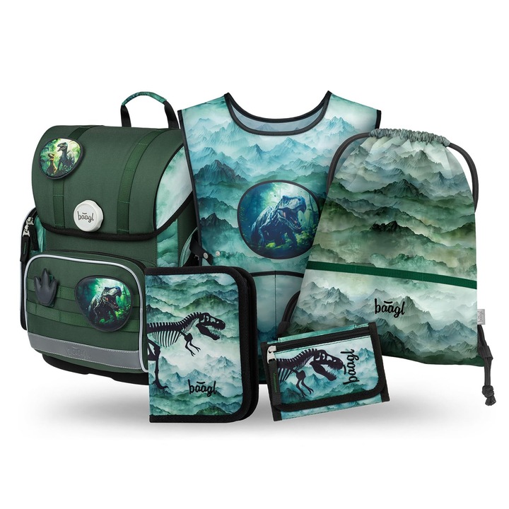 Ghiozdan Scolar Baagl Pentru Baieti, Set De 5 Piese (Ghiozdan Ergonomic Pentru Clasa I, Penar, Geanta De Sala, Sort, Husa Pentru Gat), Ghiozdan Scolar Primar, Rucsac Scolar Ergonomic, 19 L (Dinozaur)