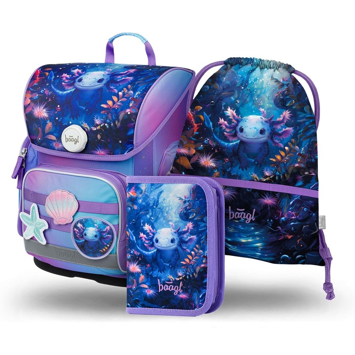 Set Ghiozdan Scolar, A-QMZL, 3 Piese, Ergonomic, cu penar si sac incaltaminte, Axolotl
