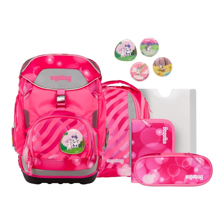 Ergobag Pack iskolatáska szett ergonomikus iskolai szett, rugalmas szett 6 darabbal, 1. osztály, általános iskola, lányoknak és fiúknak