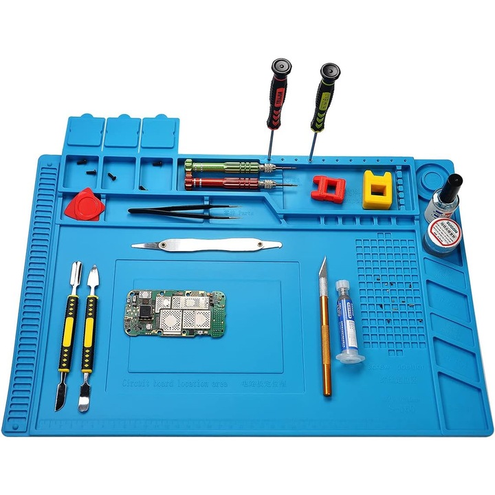 Covoras service silicon 30x45 cm cu magnet, organizator antistatic, rezistent la caldura, compartimente multiple pentru lipit si reparatii electronice, albastru
