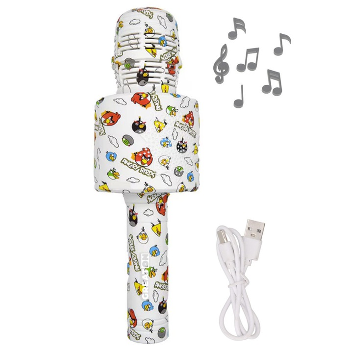 Microfon Wireless Karaoke GREATON pentru Copii Sau Adulti, Model LY100 M1 Bluetooth, Model Graffiti, Compatibil iOS/Android/PC, Alimentare USB, 100Hz, Culoare Alb/Multicolor