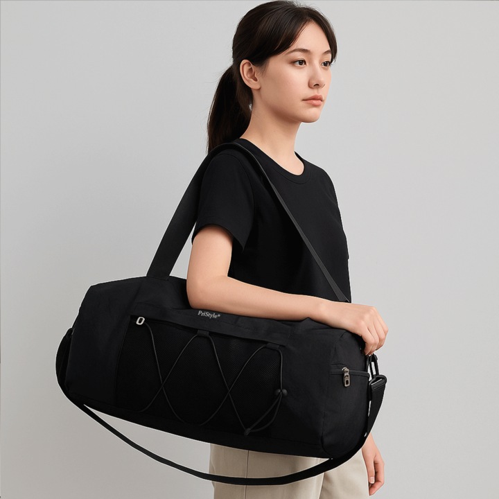 Унисекс чанта за спорт, фитнес или пътуване, с регулируема презрамка и множество отделения, включително специален джоб за обувки, 22 см x 41 см x 21 см, черна, PriStyle®