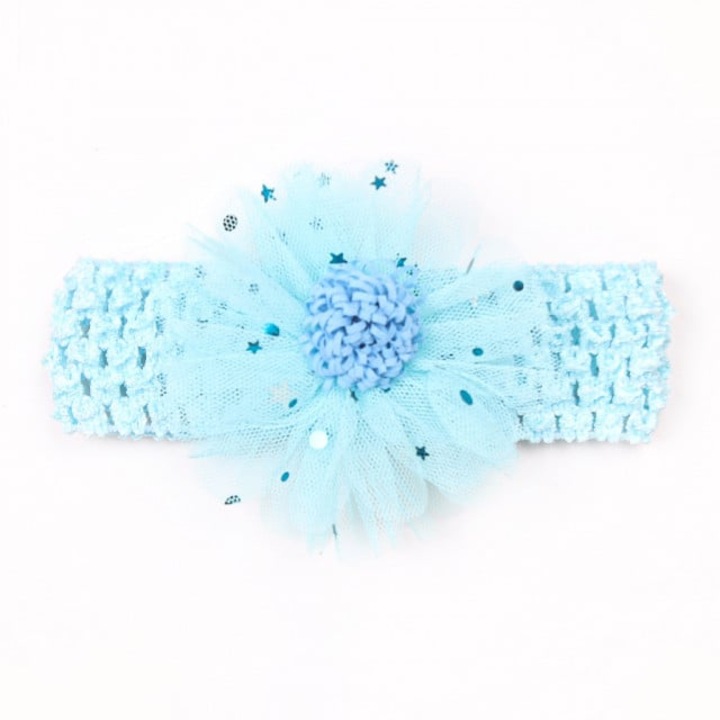 Bentita lata Superbaby, Model AL 18047 cu floare dantelata, Fete, Textil, 6-12 luni, Albastru deschis