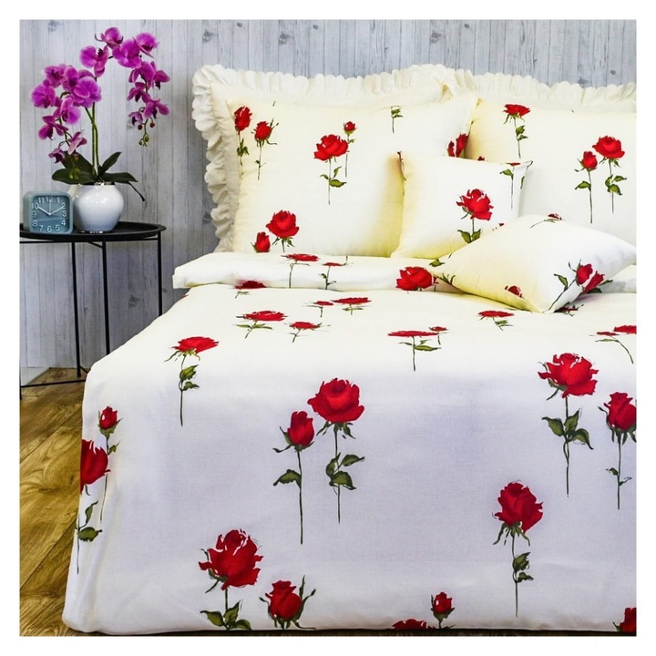 Ágyneműhuzat Szett, Álló Rózsa, 140 cm x 200 cm x 70 cm x 80 cm, Kiváló Minőségű Pamut, Cipzár, Kétoldalas Nyomtatás, Oeko-Tex Standard 100 Tanúsítvány, Krém