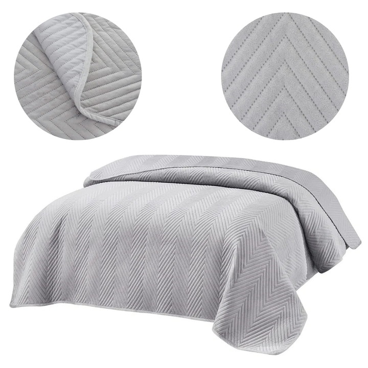 Cuvertura De Pat Decorativa, Velur Embosat, 200 cm x 220 cm, Material De Inalta Calitate, Placut La Atingere Si Antiderapant, Usor De Spalat, Nu Isi Pierde Forma Sau Culorile, Certificat Oeko-Tex Standard 100, Gri Deschis