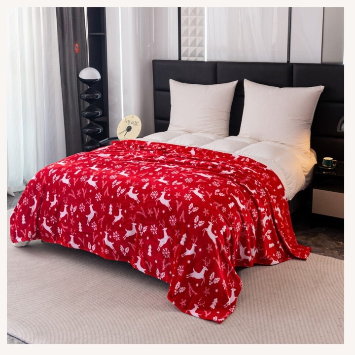 Patura Decorativa De Craciun, Cotton World, 200 x 220 cm, Material Microfibra, Produs Certificat Oeko Tex Standard 100, Nu Necesita Calcare, Toleranta Dimensiune Patura +/ 3%, Rosie