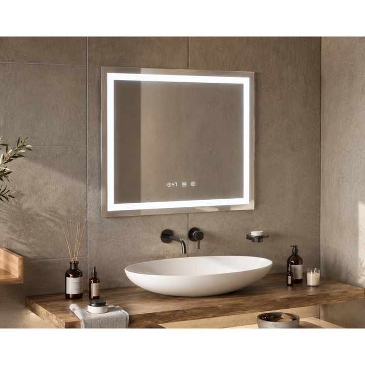 Oglinda Baie OPTIM DEKO, Iluminare LED Touch, Sistem Dezaburire, Ceas si Termometru, 3 Tipuri de Luminia, 80x60cm
