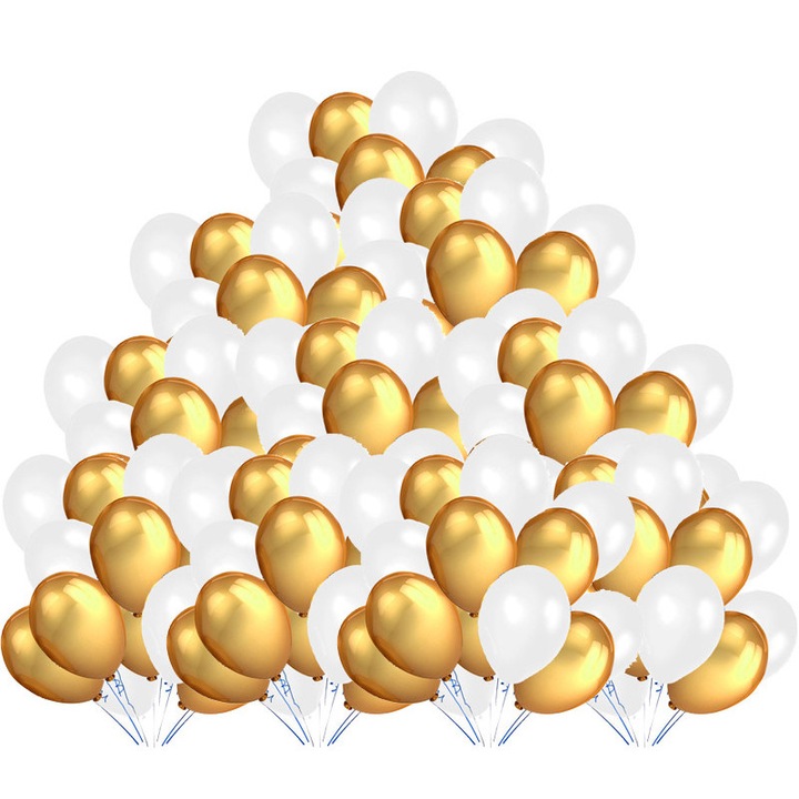 Комплект метални балони, PartyPro, 100 части, бели и златни, 12 инча