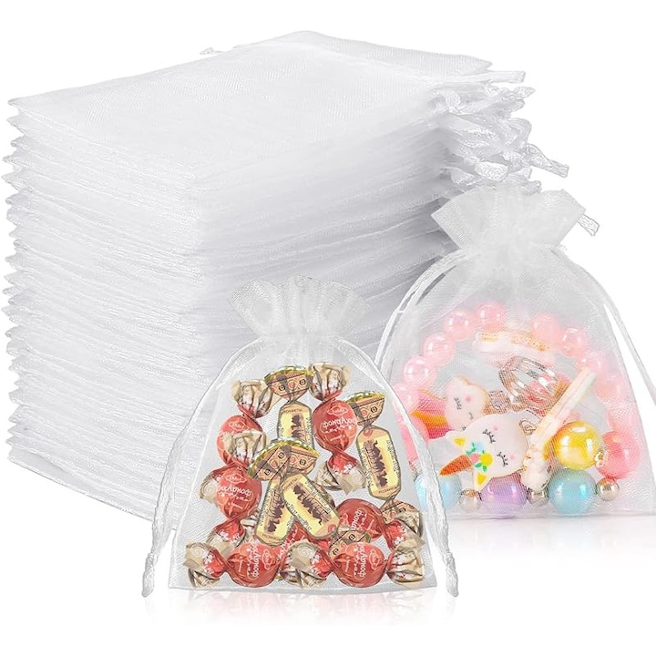 Téglalap alakú organza tasakok, 100 db-os ajándéktasak készlet, 10x12cm, fehér, egyszínű, ajándéktasak, fehér, bármilyen alkalomra