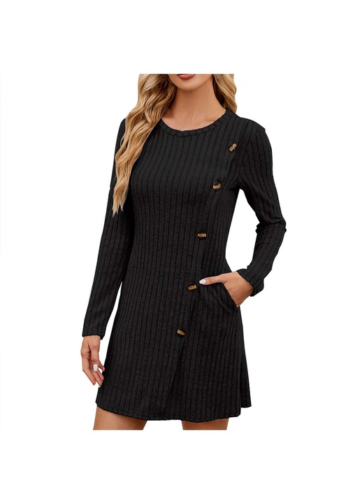 Рокля, PHIKER, черна, от еластична материя, с дълги ръкави и декоративни копчета, Черен