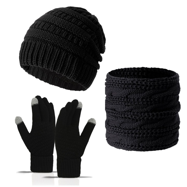 Set caciula, fular si manusi pentru femei, PHIKER, design clasic, captuseala calduroasa, negru, dimensiune universala